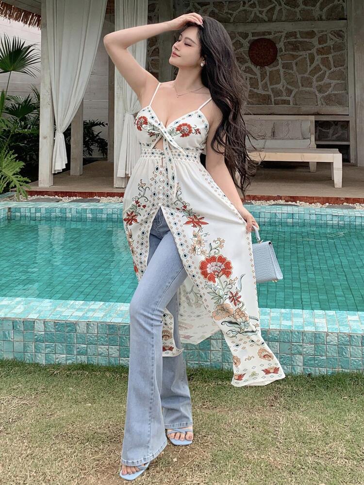 Women's Floral Print Bow Knot Front Tops, Suitable For Summer Vacation Beachwear,Boho Tops Going Out Tops