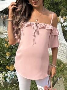SHEIN Blouse de grossesse décontractée avec volant de couleur unie - Rose bonbon - Voir 3