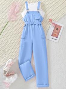 SHEIN Tween Girl Fashionable Overall Shorts And Camisole Set - Blue - View 4