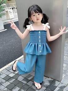 SHEIN Genkimix Girls' Summer Creative Color-Blocking Bow Decor Ruffle Waist Cami Jumpsuit - Blue - View 3