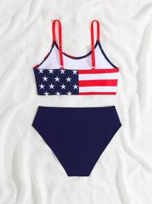 Tween Girl American Flag Print Bikini Set Set, Suitable For Summer Beach Vacation - Blue - View 2
