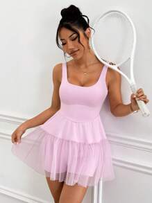 Easithlete Women's Solid Color Mesh Panel Casual Sports Dress For Fitness - Pink - View 5