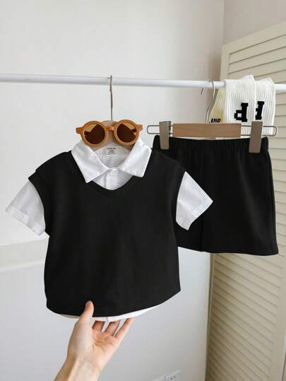 SHEIN 3 件套男婴黑白圆领无袖背心、领短袖开衫和休闲短裤，适合上学、外出和居家