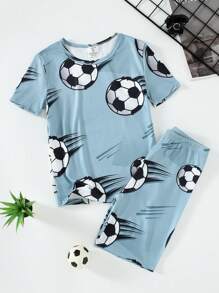 Boy Pajamas: 2pcs Snug Fit Activewear Short Sleeve T-Shirt And Shorts Set With Stylish Football Print For Tween Boys