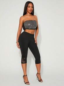 SHEIN SXY Women's Solid Color Elastic Waist Contrast Lace Capri Leggings