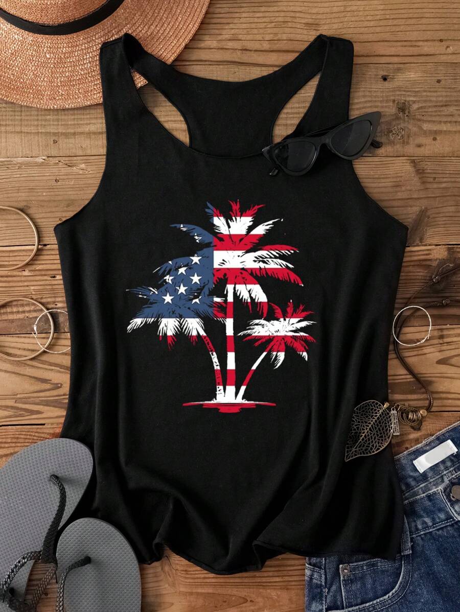 SHEIN LUNE Débardeur décontracté moulant simple avec imprimé drapeau et palmier pour femmes - Noir - Voir 1