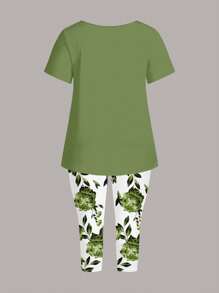 EMERY ROSE 2pcs Plus Size Women Green Round Neck Short Sleeve T-Shirt With Floral Print And Capri Pants Set, Suitable For Summer ,Flower/Vacation/Spring - Green - View 2
