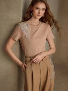 MOTF PREMIUM SEQUIN BEADED EMBROIDERY T-SHIRT - Camel - View 6
