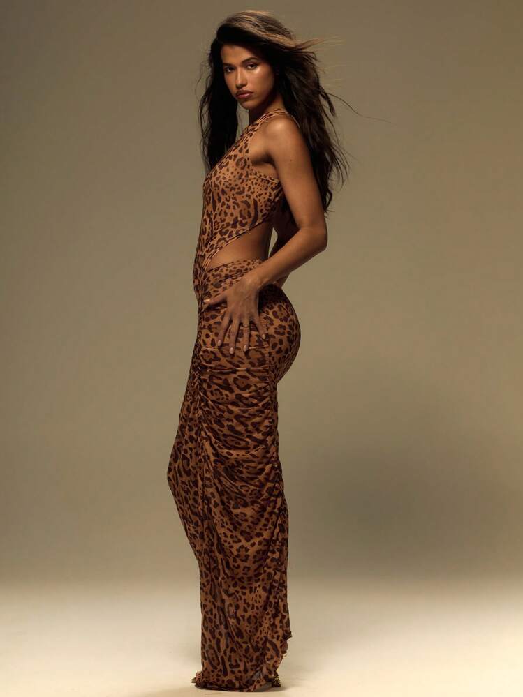 MUSERA One Shoulder Ruched Centre Leopard Maxi Dress Summer Vacation Festival Outfit Y2k Wilden Out Ibiza Holiday Beach Night Out Wedding Guest Elegant Date Night Fall Winter - Multicolor - View 2