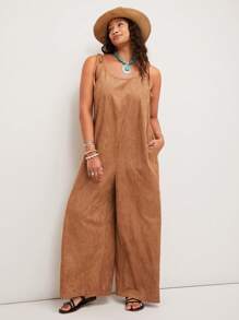 SHEIN VCAY 大码纯色休闲吊带连体裤 - 棕色 - 查看 1