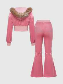 ROMWE J-Fashion 2pcs Women Velvet Y2K Rhinestone Patchwork Hooded Coat & Pants Set, Pink Outfit - Pink - View 2