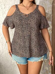 SHEIN LUNE Plus Size Women Leopard Print Open Shoulder Short Sleeve Casual T-Shirt Summer Tops  Vacation Outfits Woman  Cheetah Print