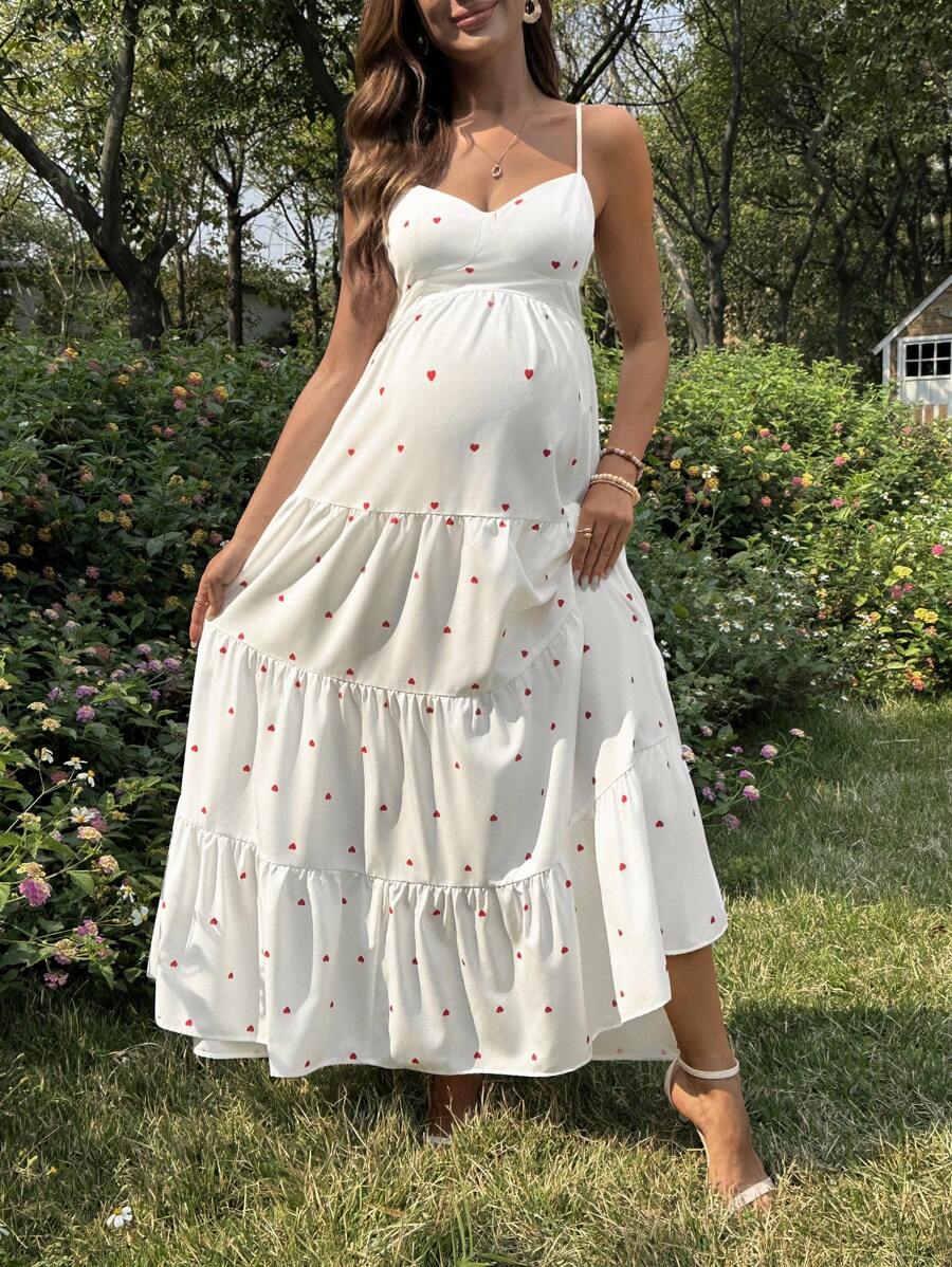 SHEIN Cute & Elegant Maternity Dress With Heart Lacing Backless Straps - Red and White - View 1