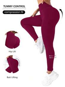 Easithlete Minimalist Solid Color High Waist Seamless Leggings - Hot Pink - View 5