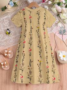 SHEIN Young Girl Woven Floral Contrast Lace Embroidery Hem A-Line Dress, National Floral Rose Patchwork, Short Sleves, Spring And Summer, Suitable For Girls Daily Wear, Festivals, Vacation, Holidays, Family Gatherings And Special Occasions, Sibling Outfits Sisters Style Outfit, Spring And Summer, Cute & Elegant & Sweet & Vintage & Fashionable.