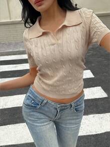 Flirla 女式夏季纯色 Polo 领短袖钩针针织上衣 - 杏色 - 查看 5