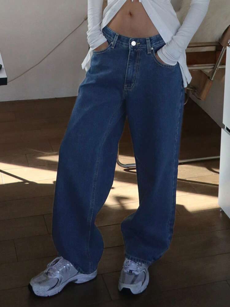 Women's Navy Blue Pocket Casual Carrot Baggy Jeans