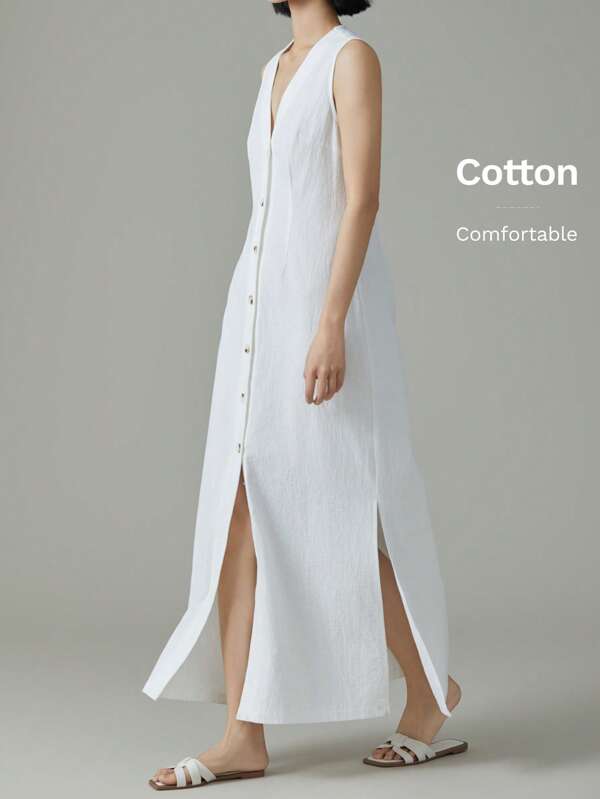 EMERY ROSE Women's Solid Color Button Front Sleeveless Long Casual Dress, Suitable For Vacation