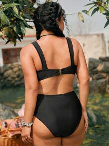 Swim Mod Ensemble maillot de bain 2 pièces pour femmes grandes tailles, vacances à la plage douces et mignonnes. Bretelles réglables noires, décoration de nœud floral en dentelle blanche - Noir - Voir 2