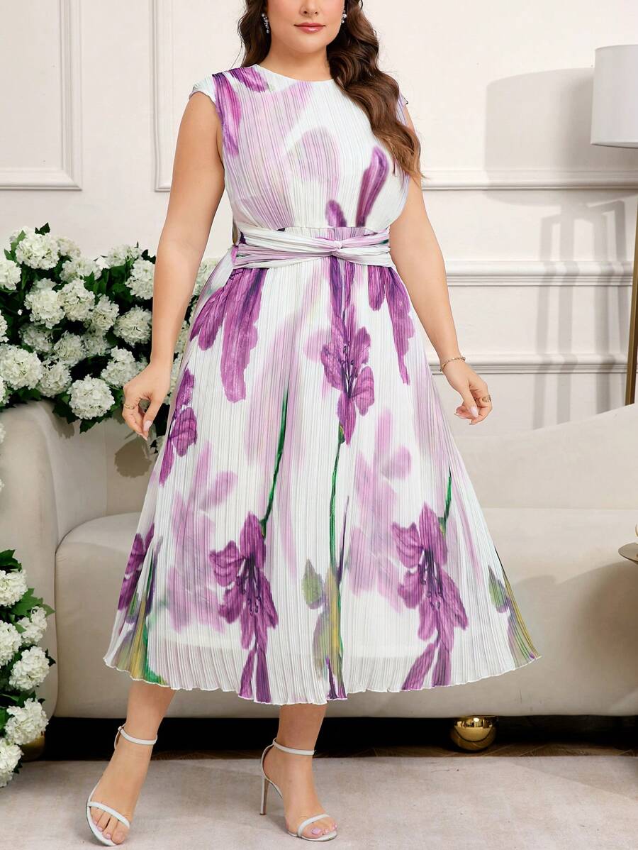 SHEIN Clasi Plus Size Women Elegant Pleated Floral Print Dress, Women's Summer Wear, Women's Business Casual Wear, Going Out Wear, Women's Office Wear, Holiday Wear, Elegant Dress, Women's Blue Dress, Casual Dress, Casual Dress,White And Purple Pleated Dress,Easter Outfit Women,Airport Outfit For Women,Wedding Guest Dress Women,Brunch Outfits For Women,Mother's Day,4th Of July, Graduation Dress,Brunch Outfits For Women,Church Outfits Women