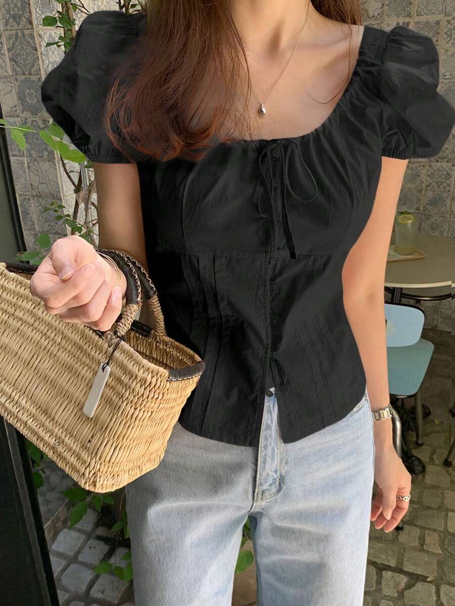 DAZY Women Solid Color Fitted Tie Waist Puff Sleeve Fitted Short Sleeve Blouse, Spring/Summer , Square Neck Top - Black - View 1