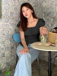 DAZY Women Solid Color Fitted Tie Waist Puff Sleeve Fitted Short Sleeve Blouse, Spring/Summer , Square Neck Top - Black - View 4