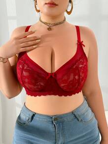 Plus Size Lace Contrast Mesh Underwire Lingerie Bra