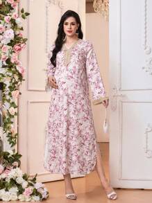 SHEIN 孕妇花卉印花 V 领喇叭袖连衣裙 - 淺粉色 - 查看 4
