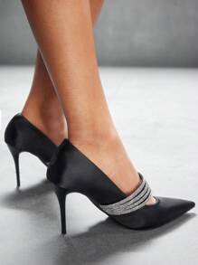 CUCCOO SZL 女士时尚黑色水钻尖头高跟鞋，适合约会、聚会和婚礼新年假期 - 黑色 - 查看 4