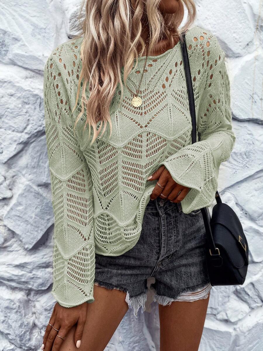 SHEIN LUNE Damen einfarbiger Pullover mit Hohlmuster, Langarm, lässiger Rundhalsausschnitt, Strickpullover für Herbst und Winter