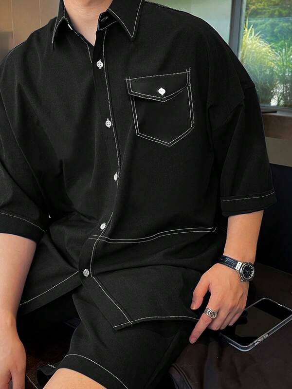 Manfinity Hypemode Men's Casual Contrast Stitching Shirt & Shorts Set, Summer