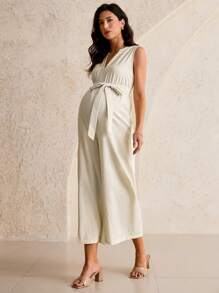 MaterniWear Bộ đồ liền thân không tay màu trơn đơn giản cho bà bầu, mùa hè - trắng - Xem 3