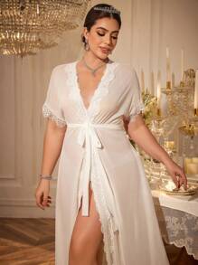 SHEIN Lace Trimmed Semi-Sheer Sexy Robe - White - View 4