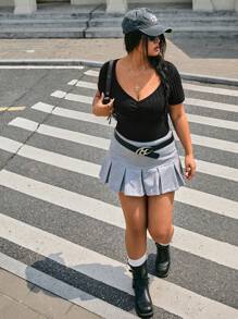 CovetEZ Plus Size Women's Casual Sweetheart Neck Short Sleeve Black Bodysuit, Summer - Black - View 4