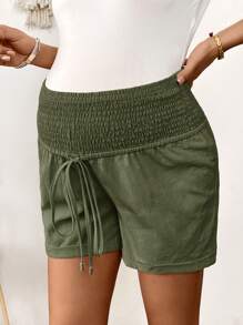 SHEIN Maternity Solid Color Drawstring Waist Casual Shorts For Vacation - Army Green - View 3