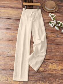 EMERY ROSE Women's White Linen Pocket Casual Trousers, Spring/Summer Fall Cloth For Women - Beige - View 3