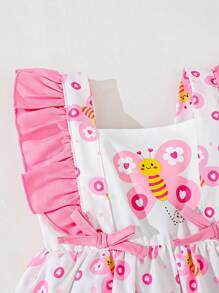 Baby Girls Casual Everyday Bee Print Cap Sleeve Dress, Suitable For Outings Or Comfortable Home Wear, Versatile