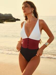 Anewsta Women's Elegant Contrast Color V-Neck One Piece, Slimming Style, Summer - Multicolor - View 3