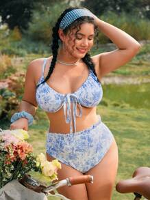 Swim Mod 大码女式花卉印花钢圈文胸比基尼套装，适合休闲海滩度假 - 藍白色 - 查看 1