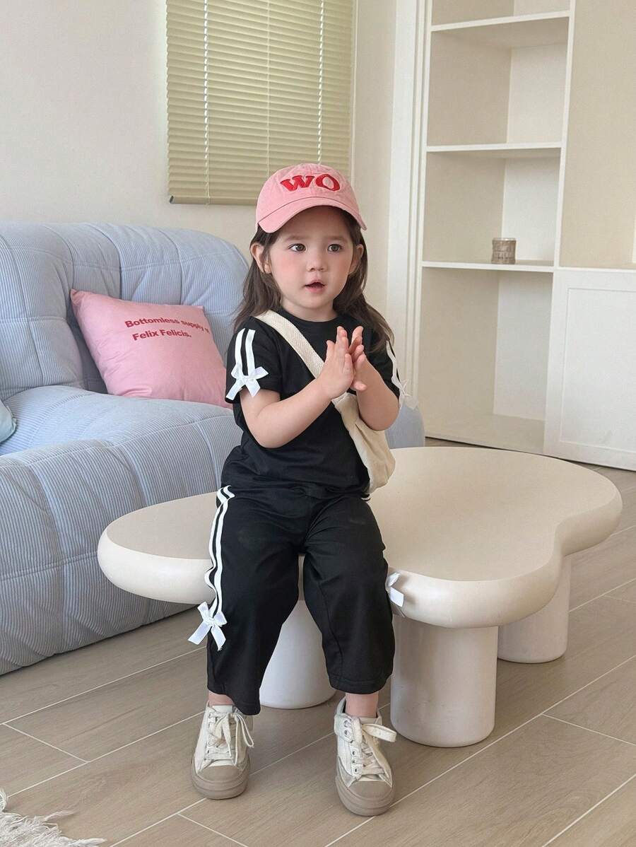 SHEIN 2件套女婴0-3岁休闲百搭街头风黑色T恤和裤子套装