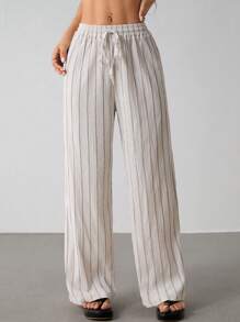 SHEIN PETITE Women's Striped Drawstring Waist Wide Leg Loose Casual Pants, For Daily Wear, Suitable For Spring, Summer And Autumn, French Holiday - Apricot - View 8