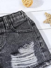 SHEIN Pantalones cortos vaqueros de pierna ancha de línea A versátiles y con dobladillo deshilachado para niñas, verano