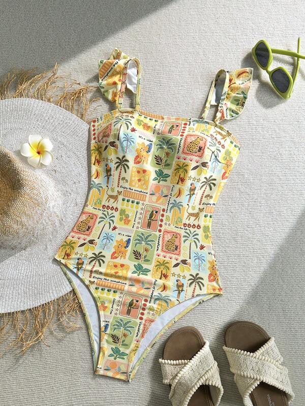 Soleia Beach Vacation Outfits Swimwear Women Swimsuit Summer Beach Outfits For Woman Vacation Outfits Woman  High Waisted Bathing Suit Beach Holiday Modest Cute Flounce Print One-Piece One Piece Swimsuit Women