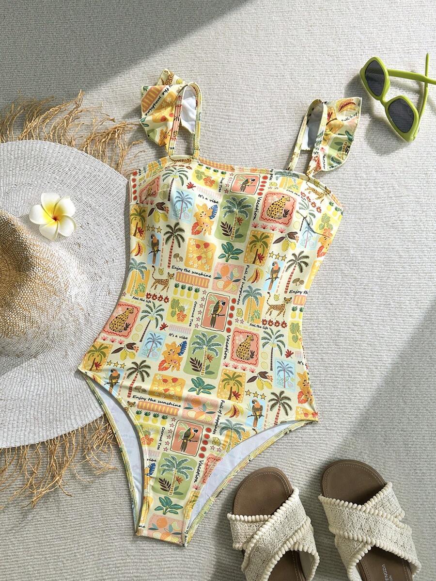 Soleia Beach Vacation Outfits Swimwear Women Swimsuit Summer Beach Outfits For Woman Vacation Outfits Woman  High Waisted Bathing Suit Beach Holiday Modest Cute Flounce Print One-Piece One Piece Swimsuit Women - Multicolor - View 1