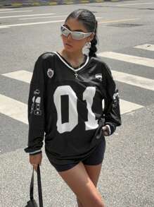 Muchica 女士新款数字和字母印花足球 T 恤，返校装，适合日常穿着