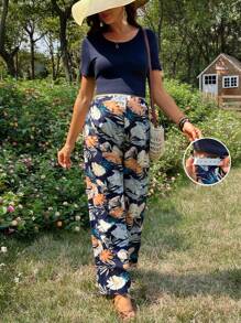 SHEIN Maternity Tropical Leaf Print Long Pants And Round Neck T-Shirt 2 Pieces Set - Blue - View 6