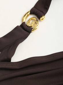 Sweetra Latest Style Halter Neck Spiral Metallic Decor Waisted Flared Mini Dress