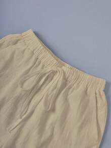 EMERY ROSE Plus Size Women's Cotton Cinched Waist Back Pocket Button Decor Short Vacation Top - Khaki - View 5
