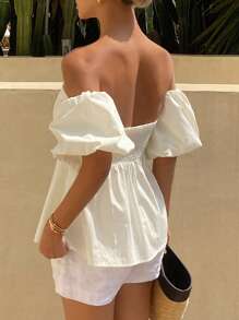 Livesso Blusa corta a spalle scoperte con maniche a sbuffo, di colore unito, per vacanze al mare, crociere, outfit da donna. Top a balze, scollo a spalle scoperte