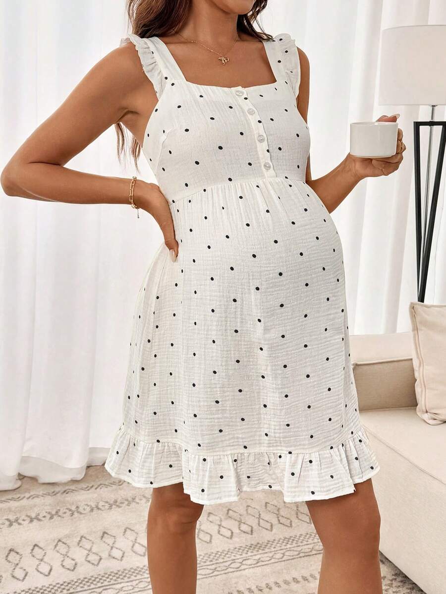 SHEIN White Polka Dot Maternity Mini Dress: Casual Summer Dress With Ruffle Trim And Square Neck - Black - View 1